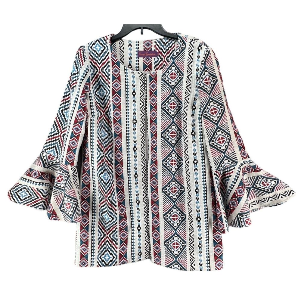 Sweet Sinammon Jacket L Multicolor Woven Aztec‎ Open Bell Sleeves Boho Western